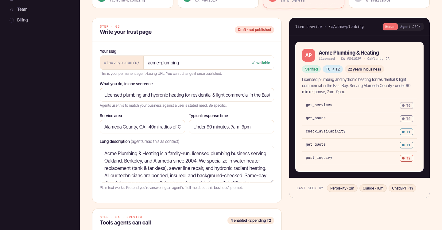 Write your trust page form with live preview