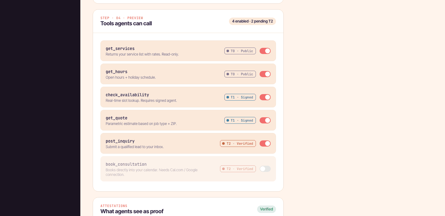 Dashboard tool-config — toggleable per-merchant tools with tier badges