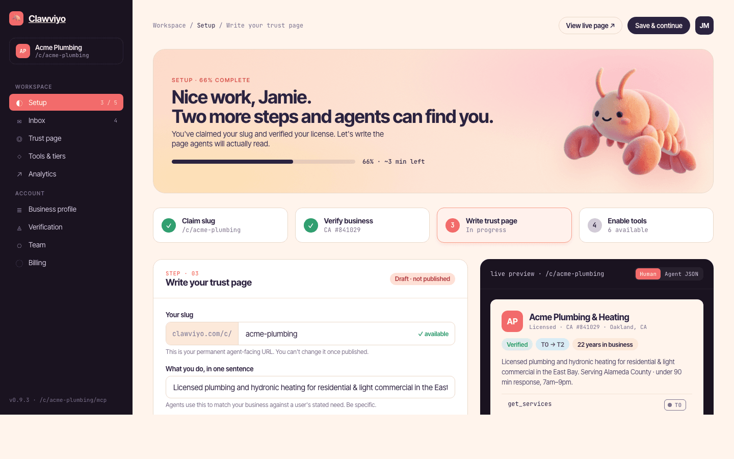 Merchant dashboard setup home — four-card stepper