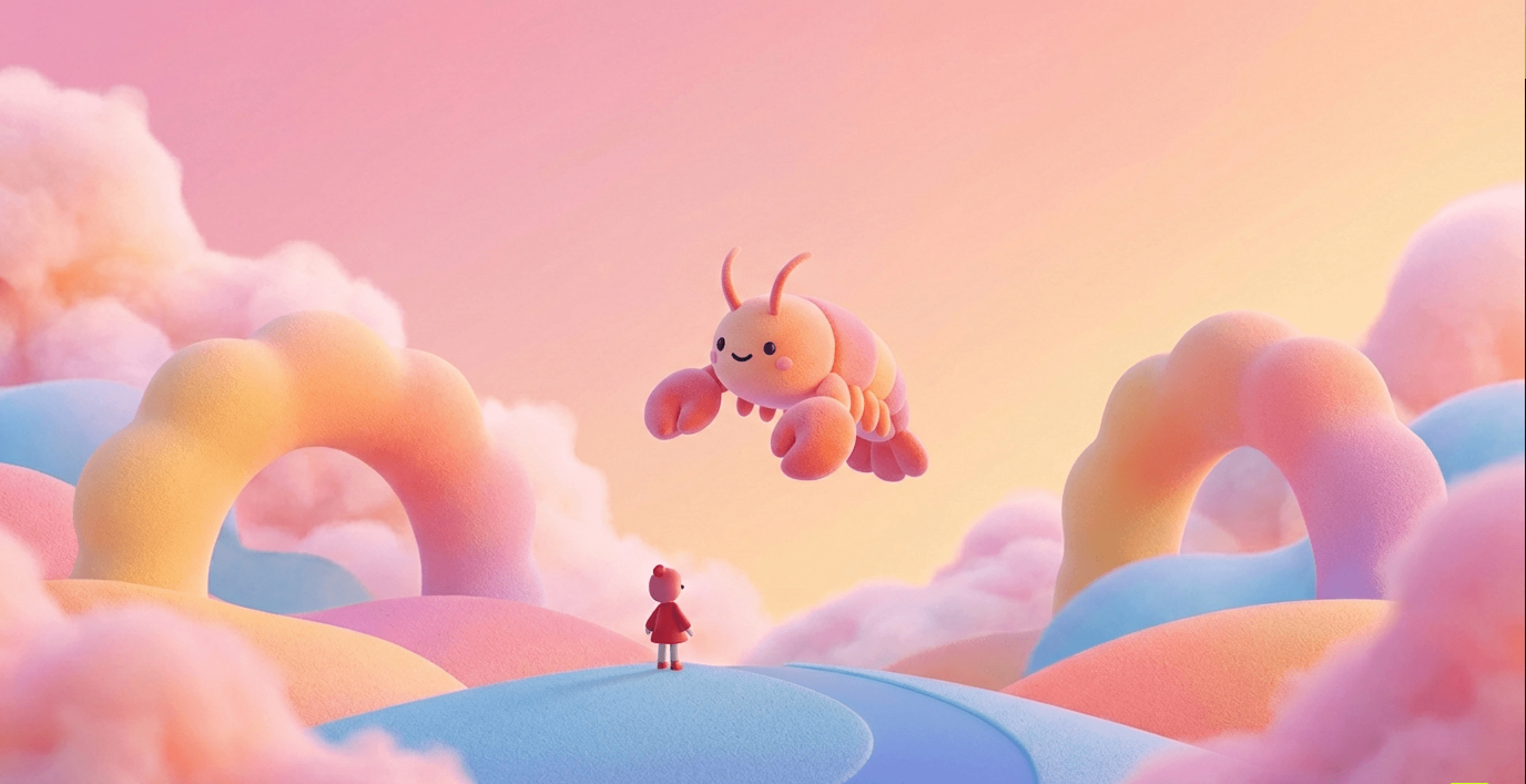 Clawviyo brand hero — pastel mountain landscape with the lobster mascot floating above a tiny figure