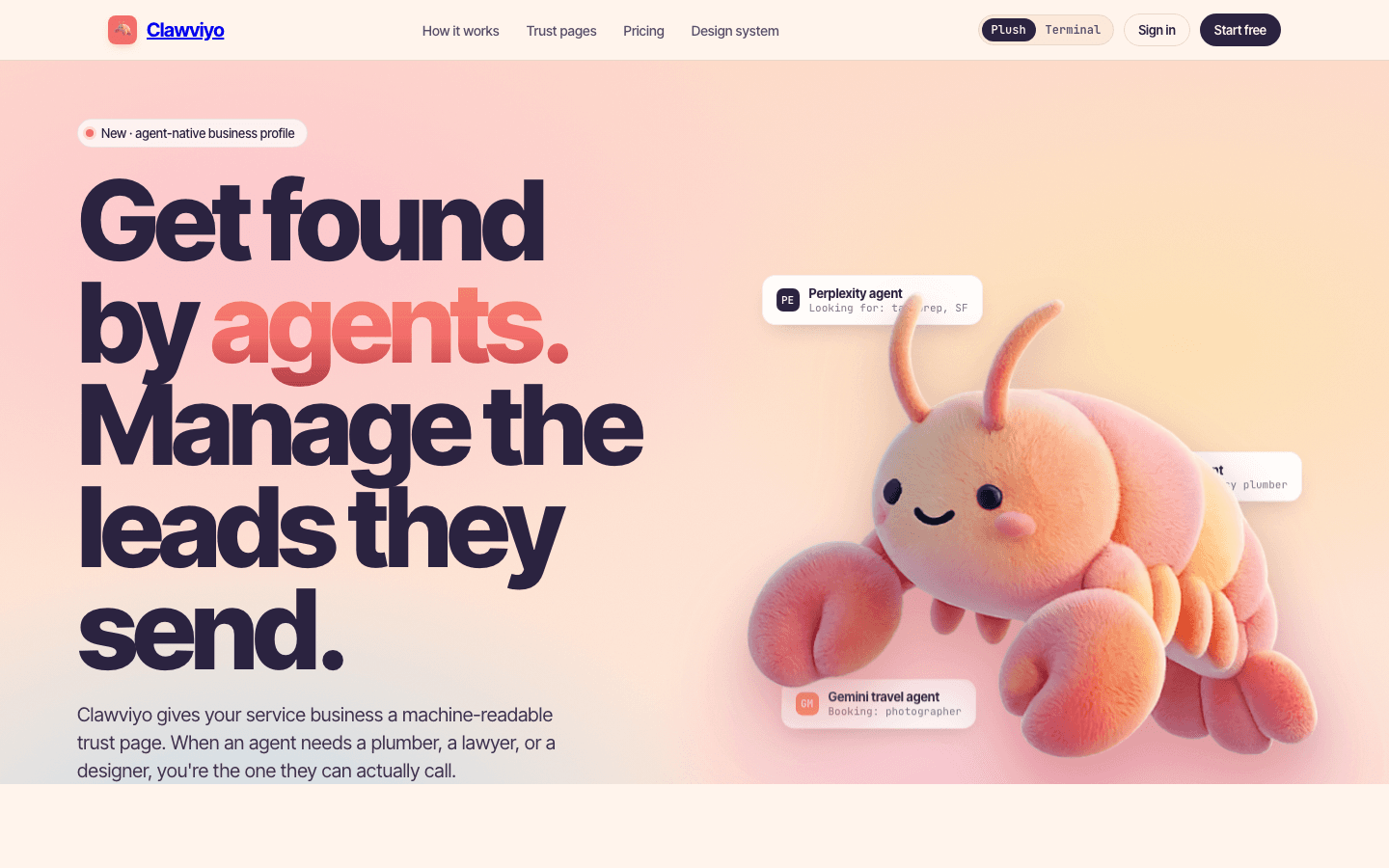 Clawviyo landing hero — Get found by agents. Manage the leads they send.