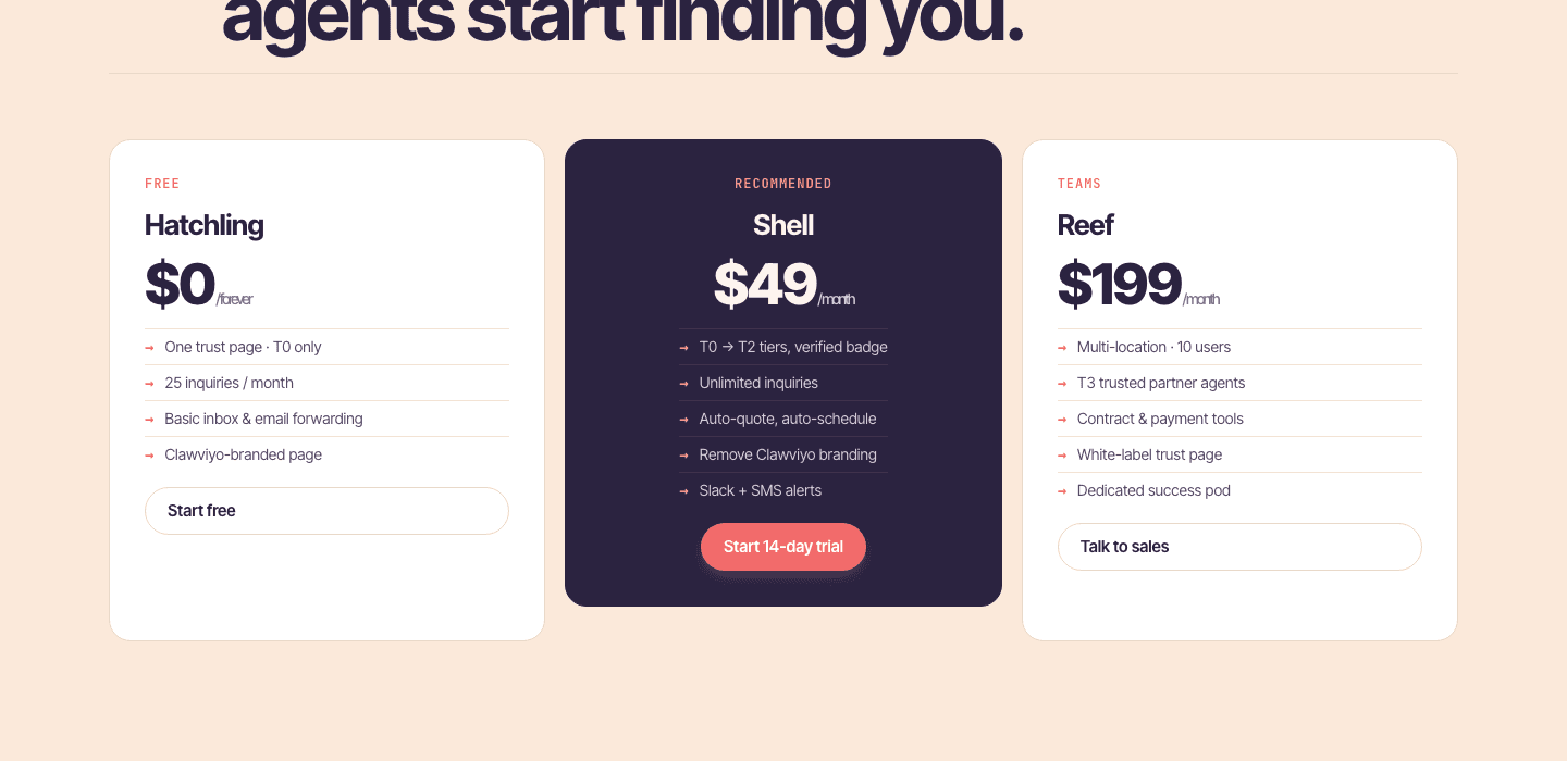 Pricing — Hatchling free, Shell $49/mo recommended, Reef $199/mo