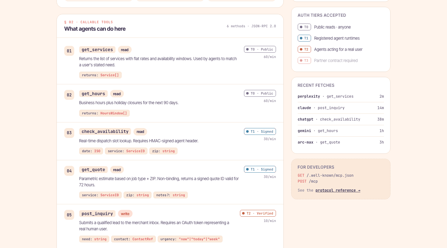 Trust page callable tools — auth tier badges, recent fetches, for-developers panel