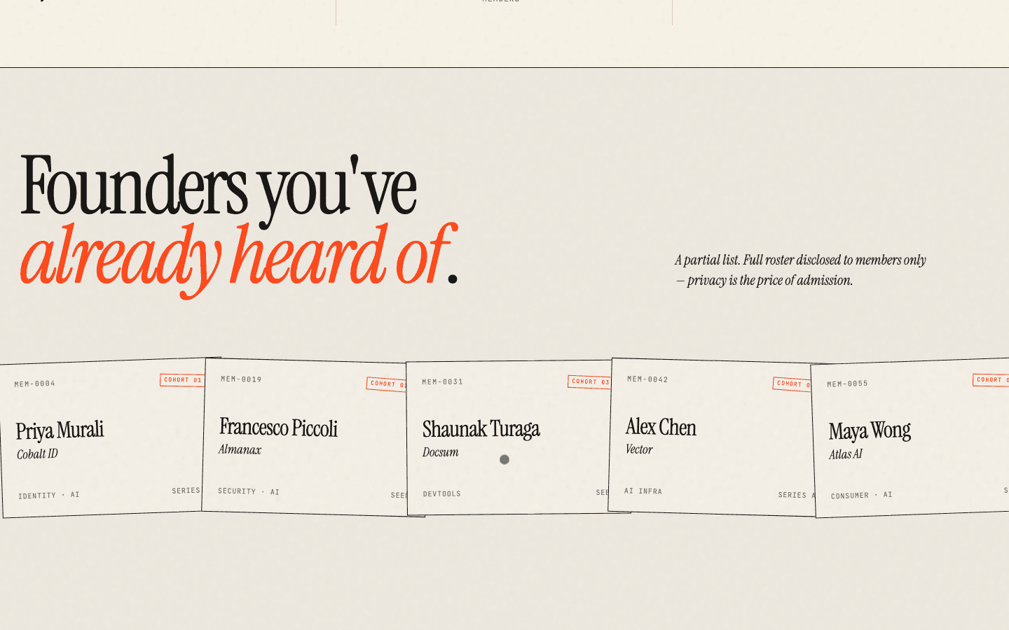 Member index strip: Founders you've already heard of, with rotated overlapping member cards