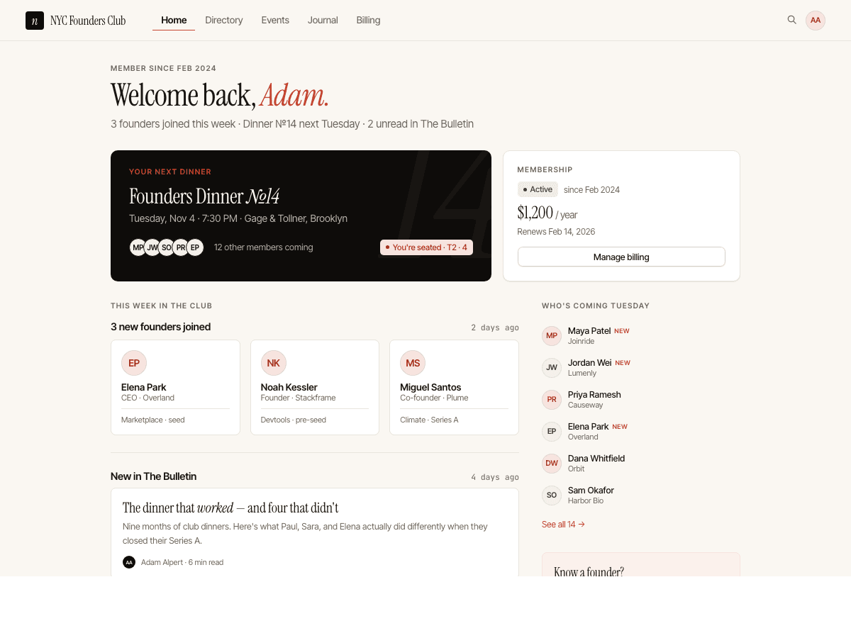 Member portal home — Welcome back, Adam
